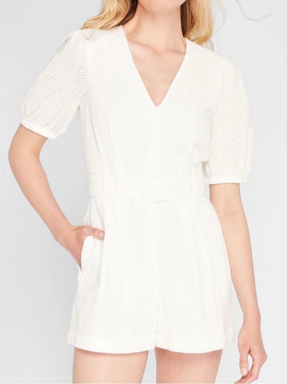 Belted Puff Sleeve Eyelet Romper Sz 6 White European Summer Cotton Old Money